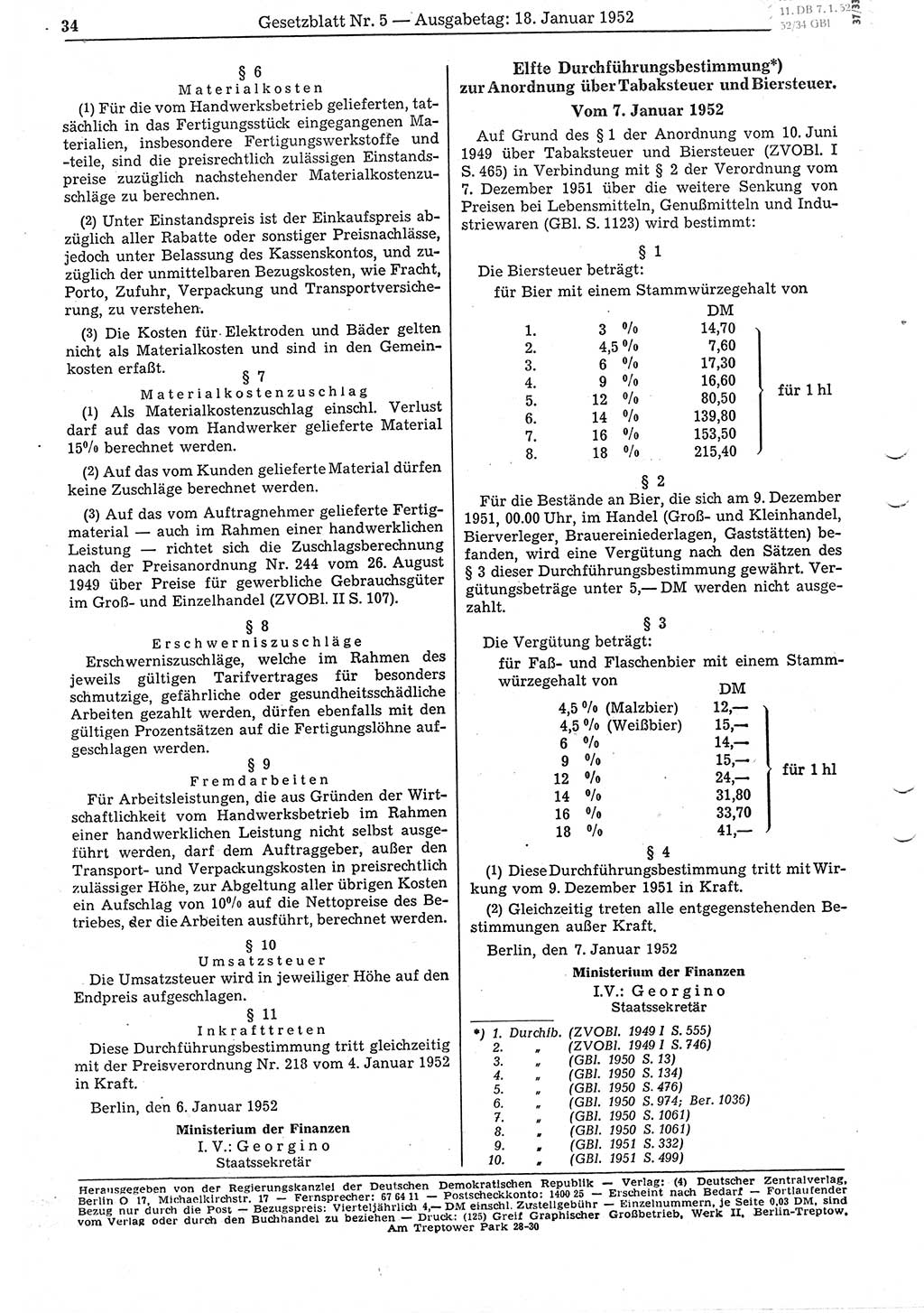 Gesetzblatt (GBl.) der Deutschen Demokratischen Republik (DDR) 1952, Seite 34 (GBl. DDR 1952, S. 34)