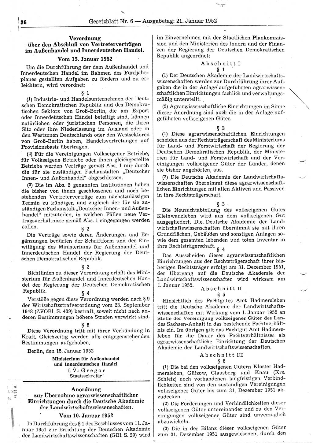 Gesetzblatt (GBl.) der Deutschen Demokratischen Republik (DDR) 1952, Seite 36 (GBl. DDR 1952, S. 36)