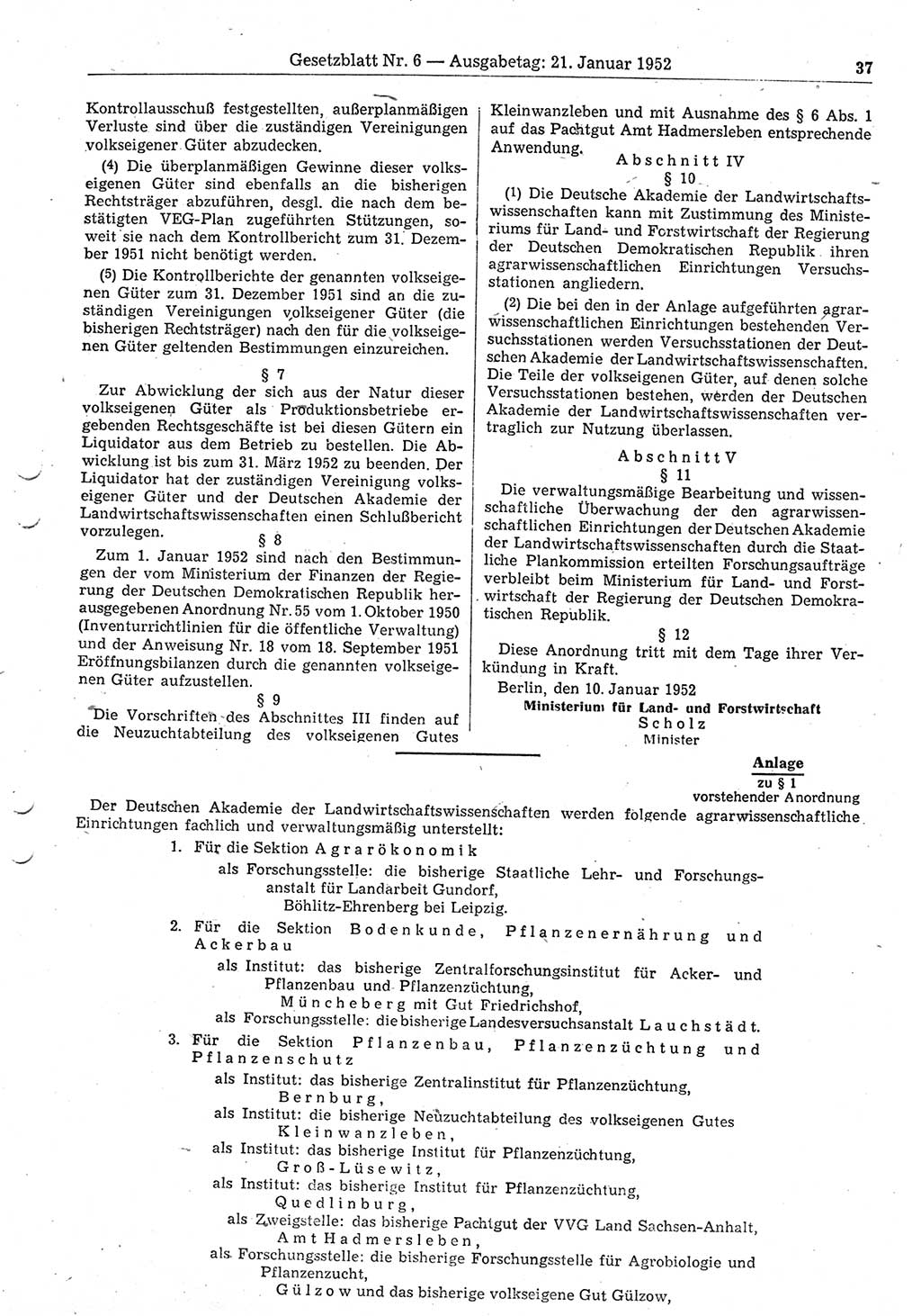 Gesetzblatt (GBl.) der Deutschen Demokratischen Republik (DDR) 1952, Seite 37 (GBl. DDR 1952, S. 37)