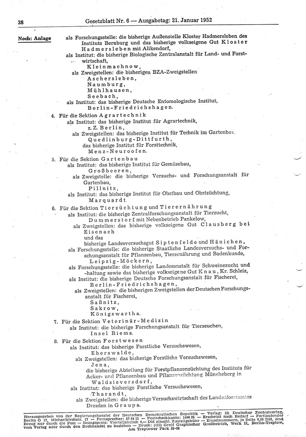 Gesetzblatt (GBl.) der Deutschen Demokratischen Republik (DDR) 1952, Seite 38 (GBl. DDR 1952, S. 38)