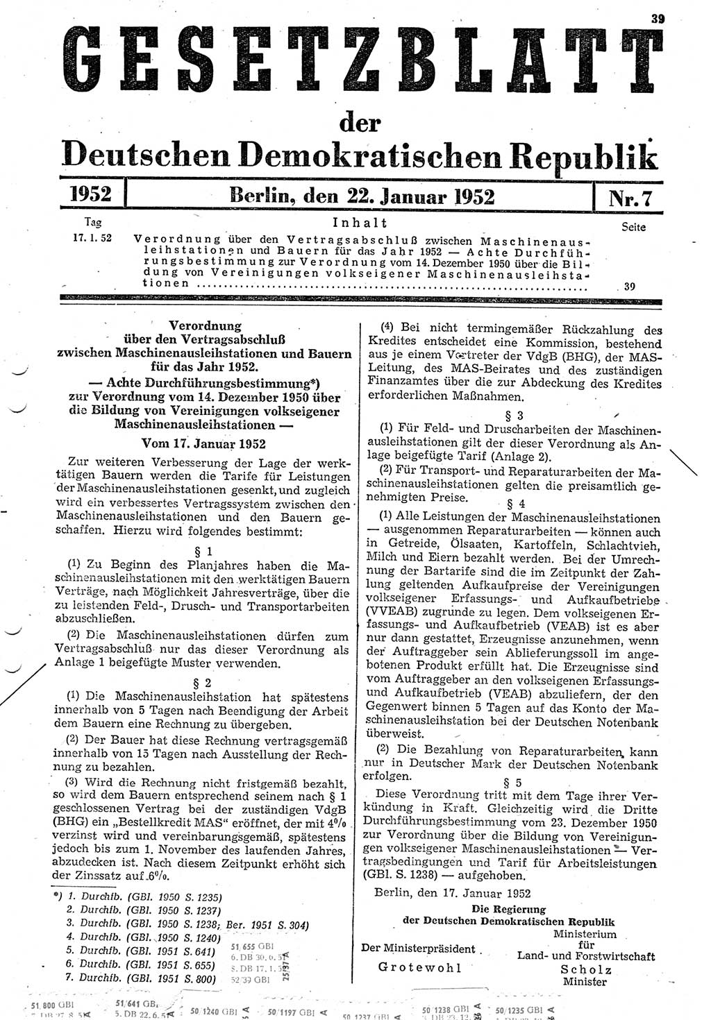 Gesetzblatt (GBl.) der Deutschen Demokratischen Republik (DDR) 1952, Seite 39 (GBl. DDR 1952, S. 39)