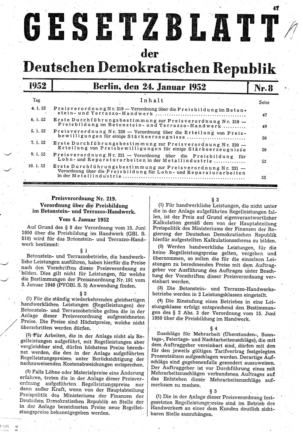 Gesetzblatt (GBl.) der Deutschen Demokratischen Republik (DDR) 1952, Seite 47 (GBl. DDR 1952, S. 47)