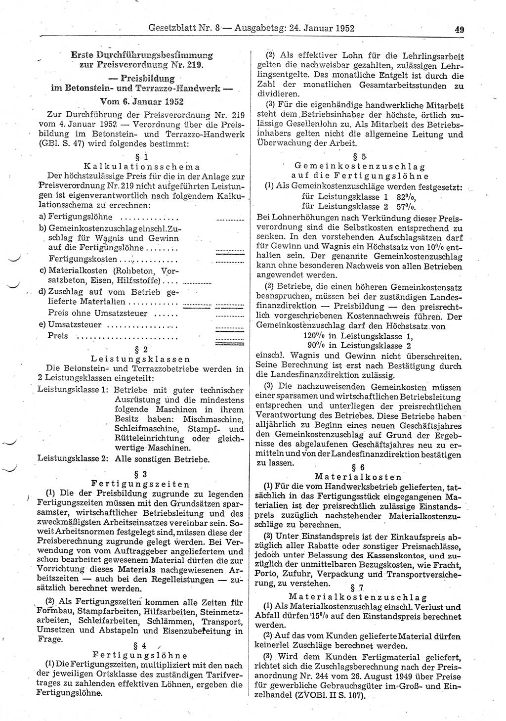 Gesetzblatt (GBl.) der Deutschen Demokratischen Republik (DDR) 1952, Seite 49 (GBl. DDR 1952, S. 49)