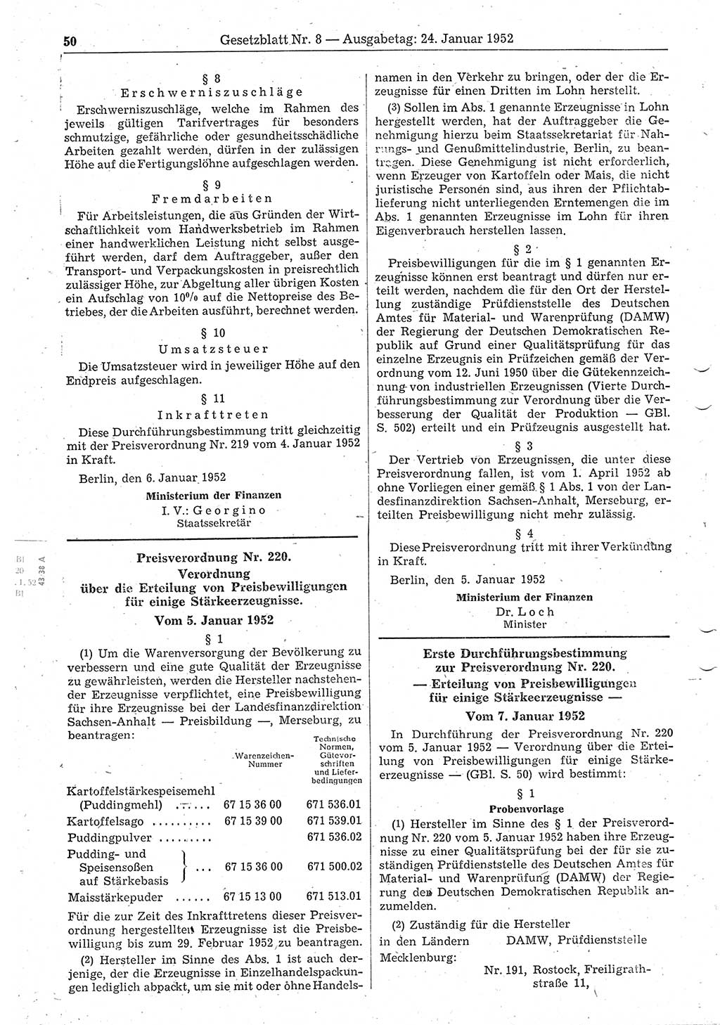 Gesetzblatt (GBl.) der Deutschen Demokratischen Republik (DDR) 1952, Seite 50 (GBl. DDR 1952, S. 50)