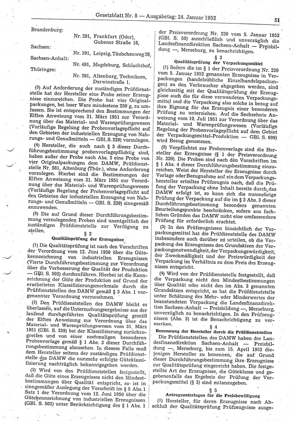 Gesetzblatt (GBl.) der Deutschen Demokratischen Republik (DDR) 1952, Seite 51 (GBl. DDR 1952, S. 51)