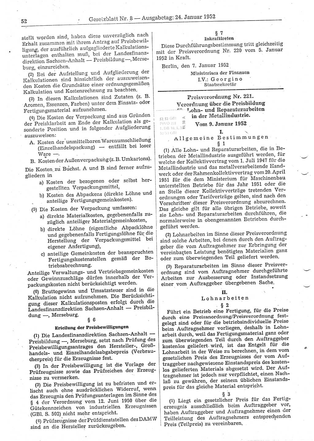 Gesetzblatt (GBl.) der Deutschen Demokratischen Republik (DDR) 1952, Seite 52 (GBl. DDR 1952, S. 52)