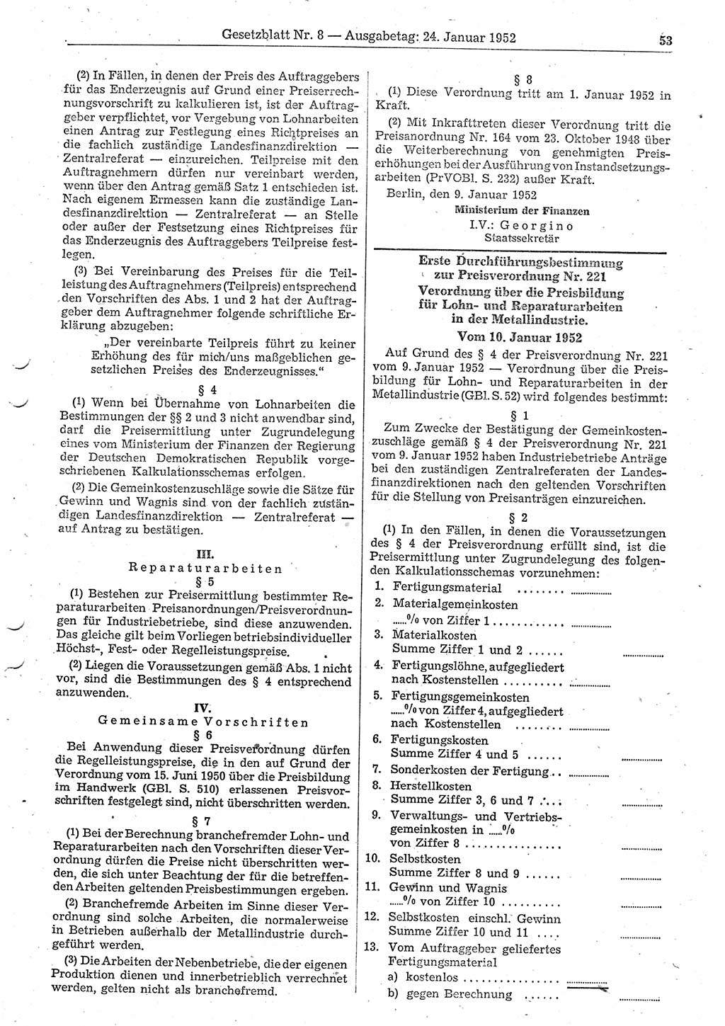 Gesetzblatt (GBl.) der Deutschen Demokratischen Republik (DDR) 1952, Seite 53 (GBl. DDR 1952, S. 53)