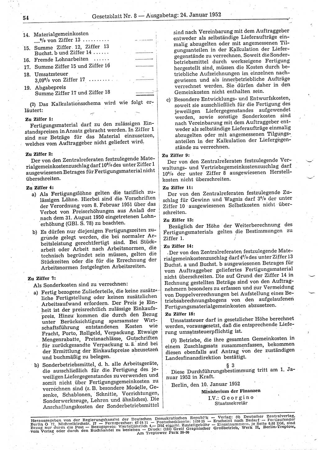 Gesetzblatt (GBl.) der Deutschen Demokratischen Republik (DDR) 1952, Seite 54 (GBl. DDR 1952, S. 54)