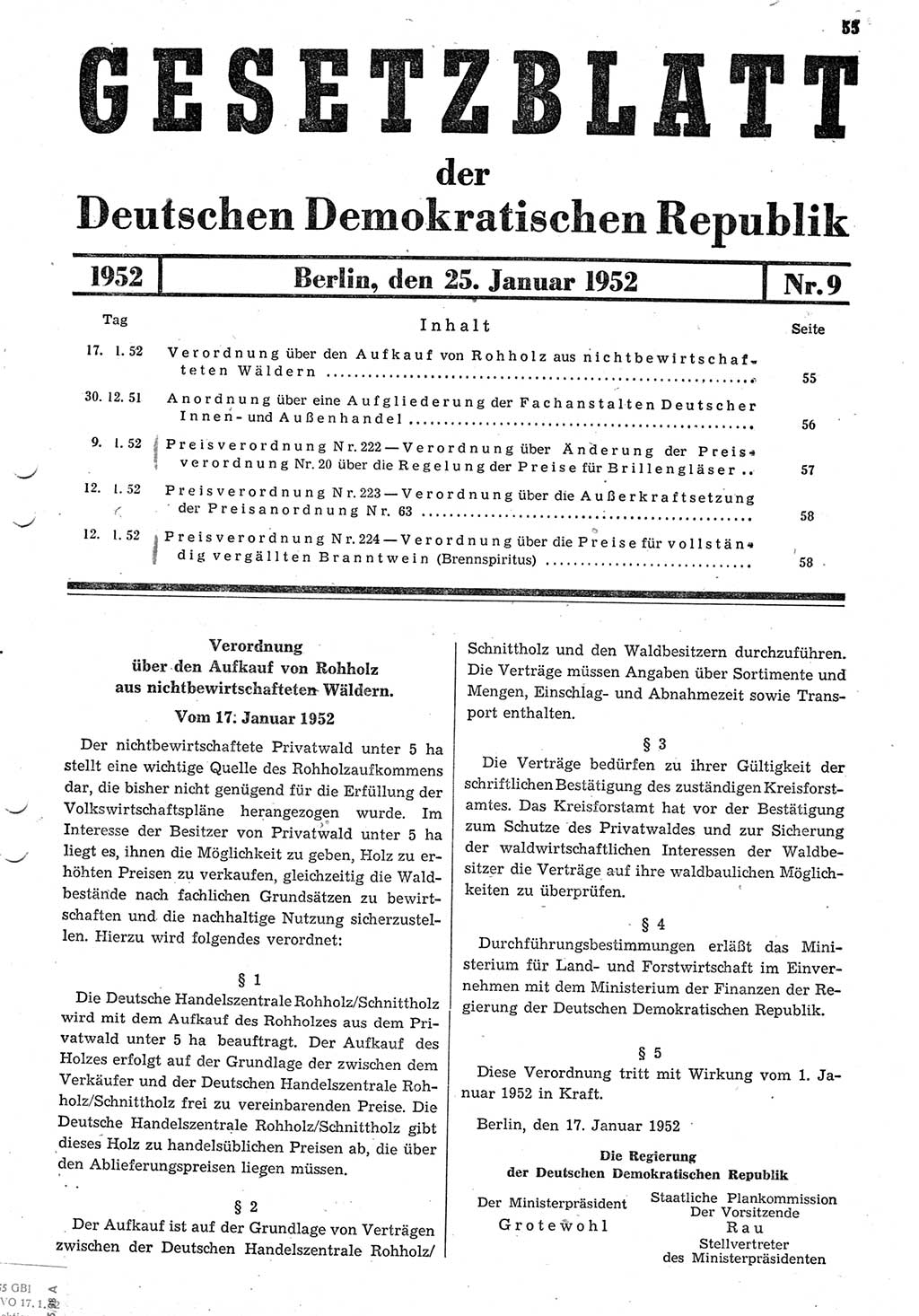 Gesetzblatt (GBl.) der Deutschen Demokratischen Republik (DDR) 1952, Seite 55 (GBl. DDR 1952, S. 55)
