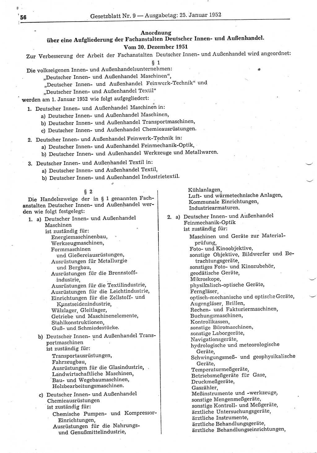 Gesetzblatt (GBl.) der Deutschen Demokratischen Republik (DDR) 1952, Seite 56 (GBl. DDR 1952, S. 56)