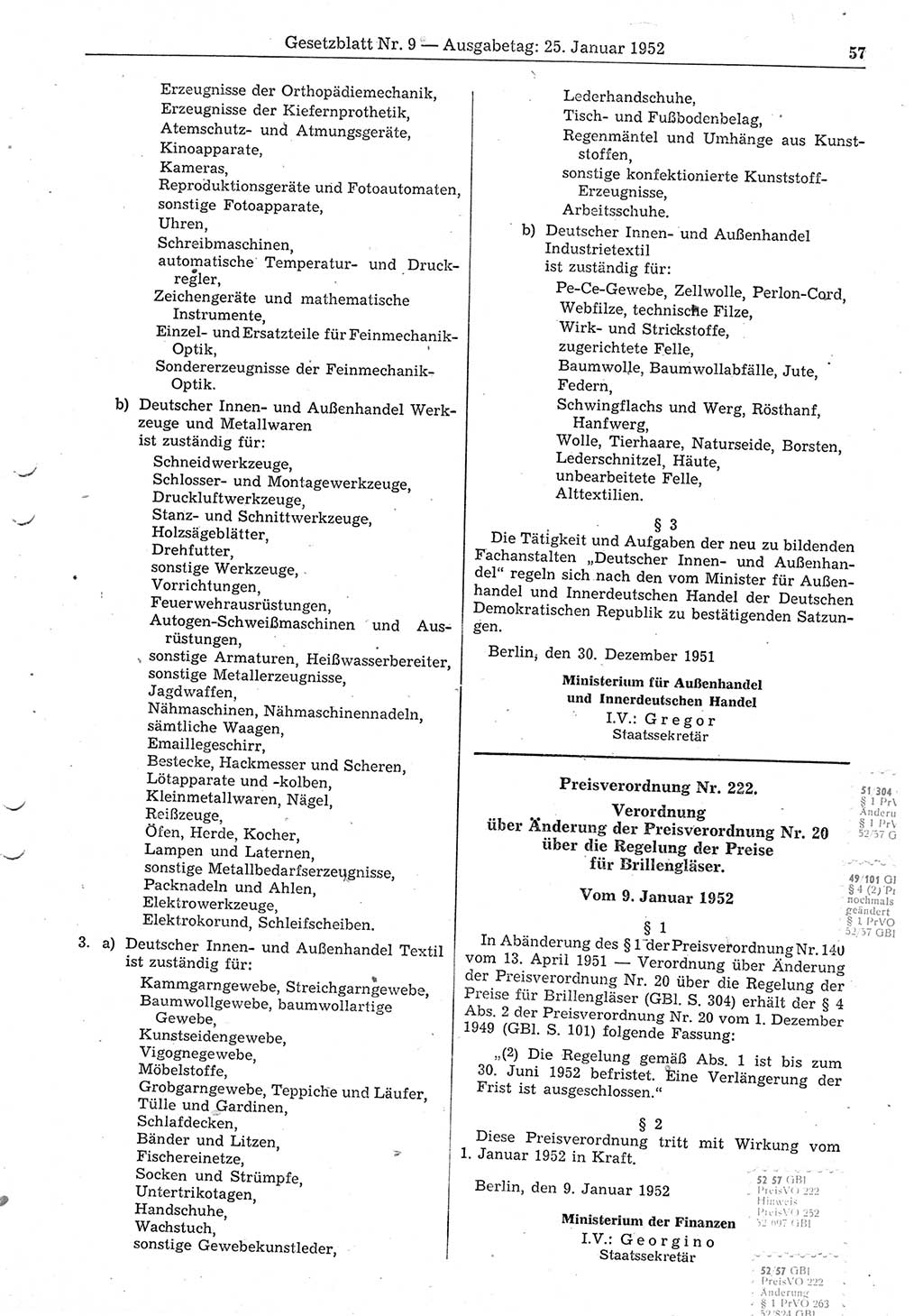 Gesetzblatt (GBl.) der Deutschen Demokratischen Republik (DDR) 1952, Seite 57 (GBl. DDR 1952, S. 57)