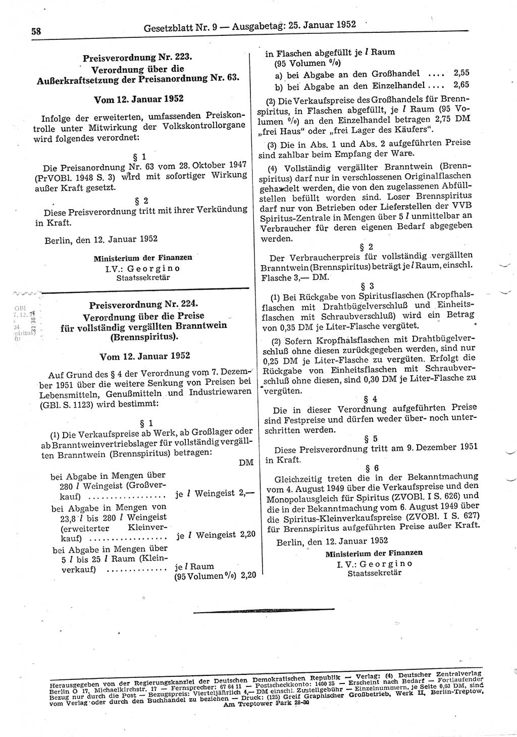 Gesetzblatt (GBl.) der Deutschen Demokratischen Republik (DDR) 1952, Seite 58 (GBl. DDR 1952, S. 58)