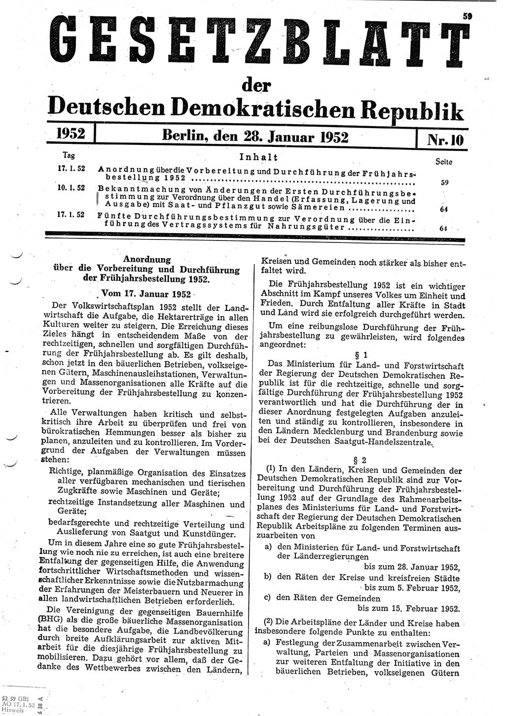 Gesetzblatt (GBl.) der Deutschen Demokratischen Republik (DDR) 1952, Seite 59 (GBl. DDR 1952, S. 59)