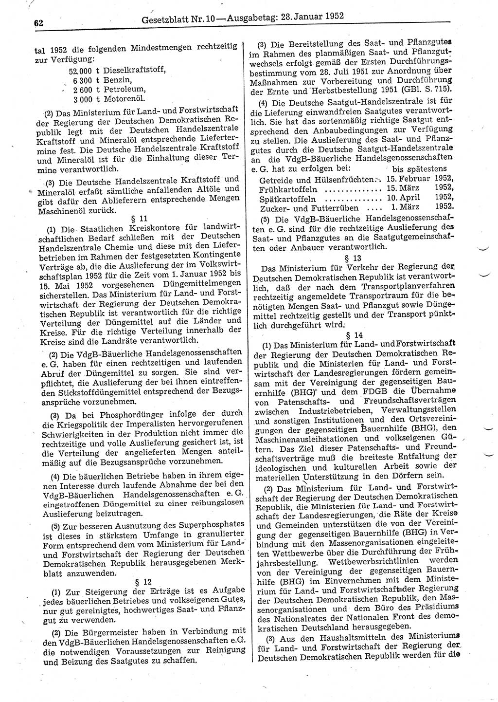 Gesetzblatt (GBl.) der Deutschen Demokratischen Republik (DDR) 1952, Seite 62 (GBl. DDR 1952, S. 62)