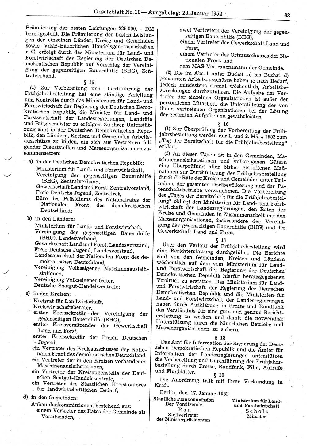 Gesetzblatt (GBl.) der Deutschen Demokratischen Republik (DDR) 1952, Seite 63 (GBl. DDR 1952, S. 63)