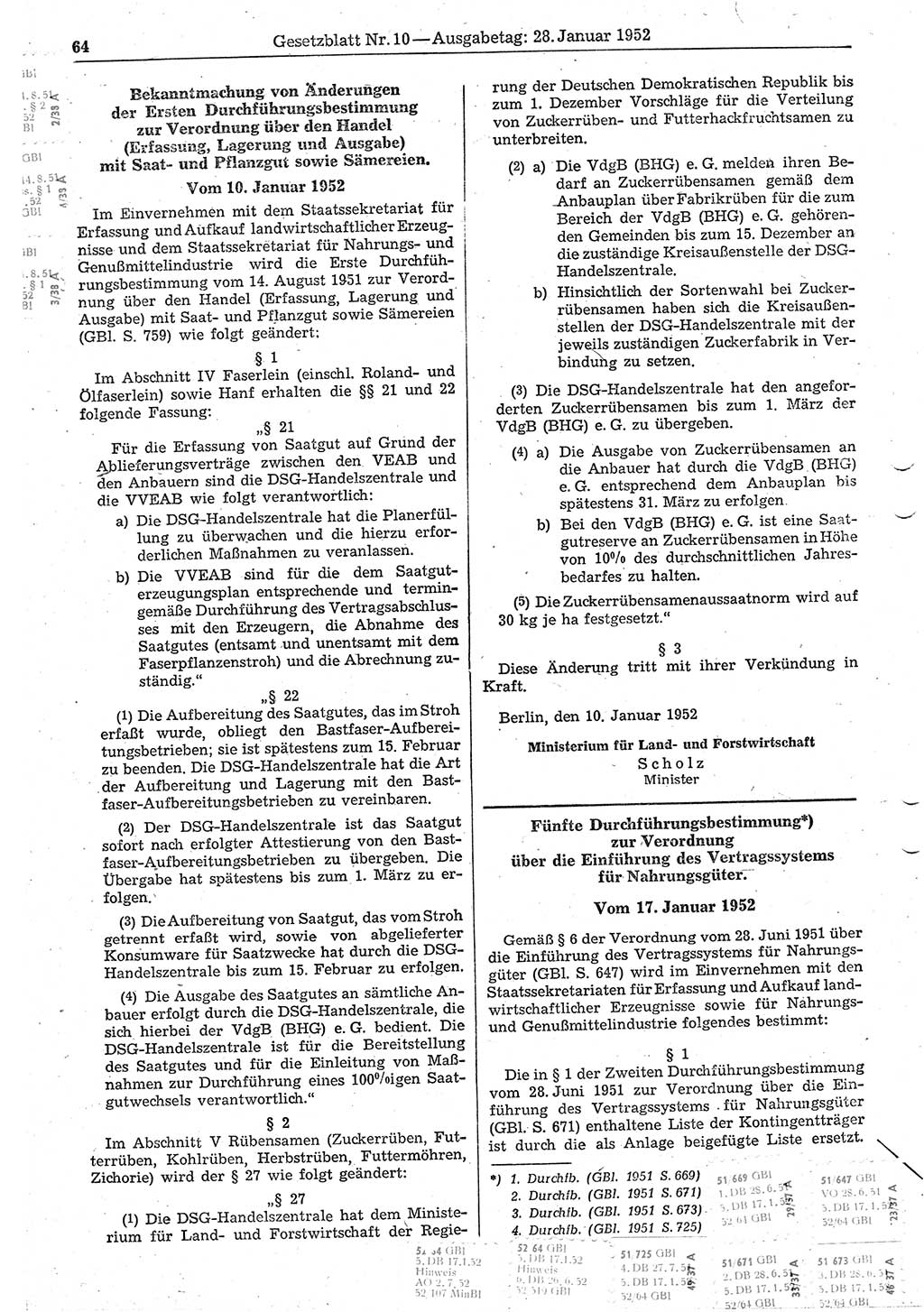Gesetzblatt (GBl.) der Deutschen Demokratischen Republik (DDR) 1952, Seite 64 (GBl. DDR 1952, S. 64)