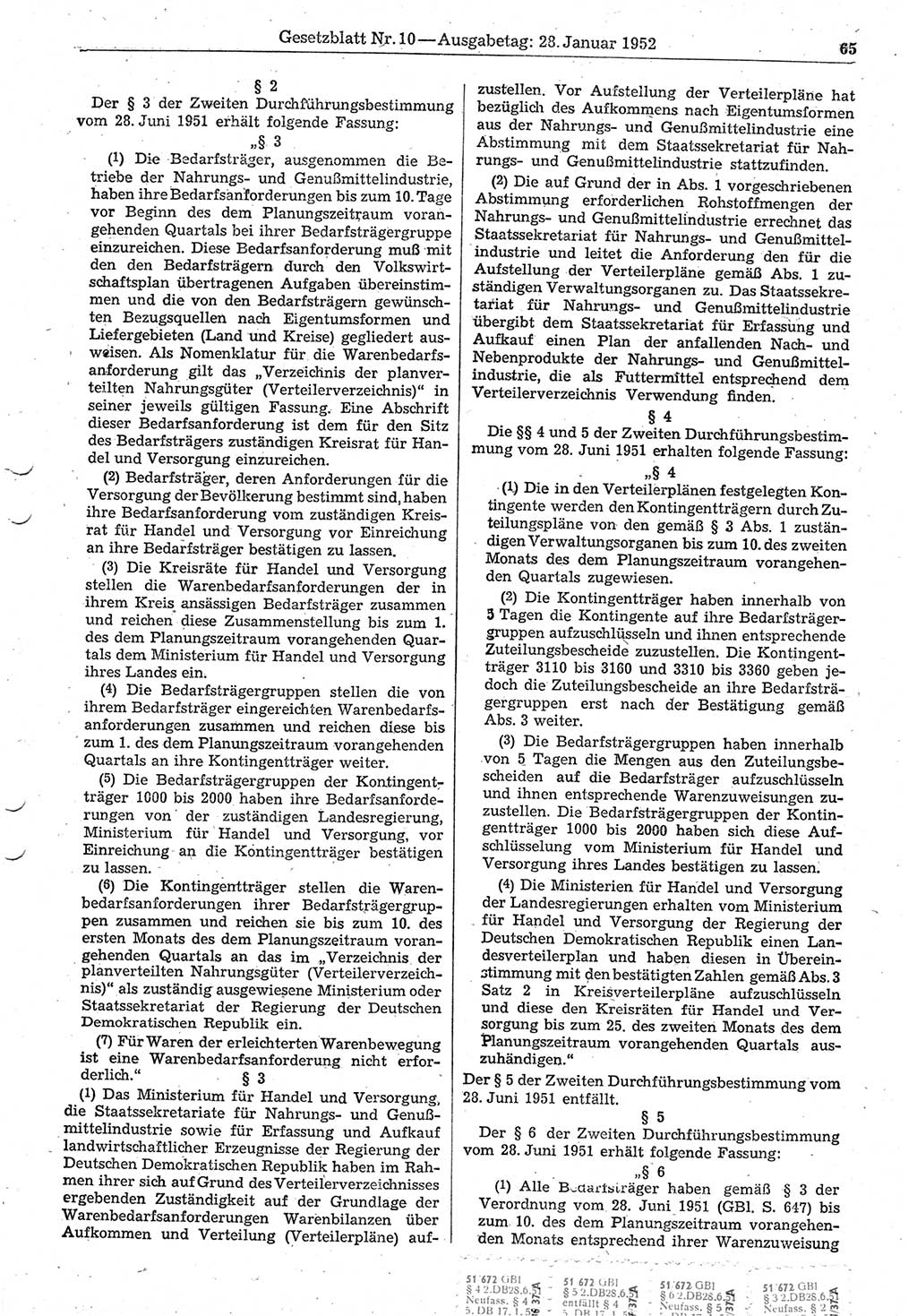 Gesetzblatt (GBl.) der Deutschen Demokratischen Republik (DDR) 1952, Seite 65 (GBl. DDR 1952, S. 65)