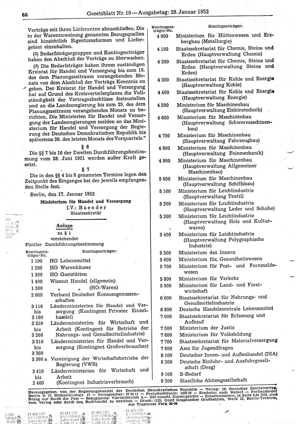 Gesetzblatt (GBl.) der Deutschen Demokratischen Republik (DDR) 1952, Seite 66 (GBl. DDR 1952, S. 66)