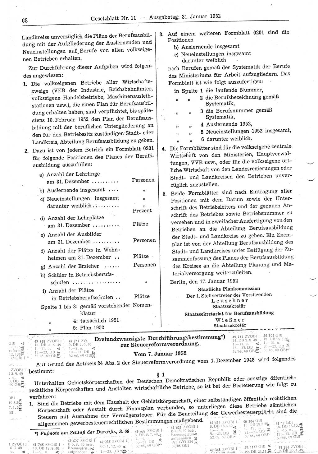Gesetzblatt (GBl.) der Deutschen Demokratischen Republik (DDR) 1952, Seite 68 (GBl. DDR 1952, S. 68)