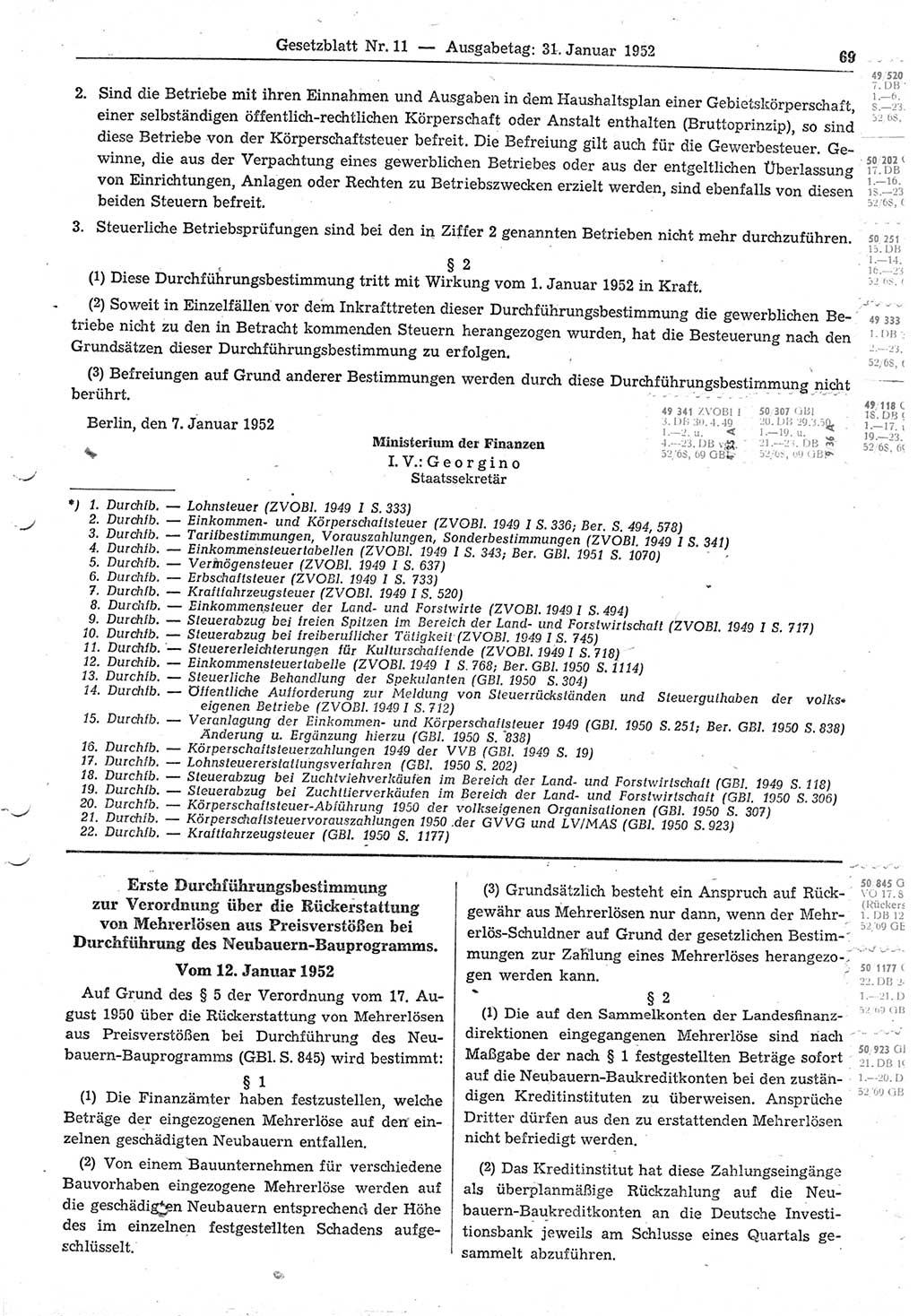 Gesetzblatt (GBl.) der Deutschen Demokratischen Republik (DDR) 1952, Seite 69 (GBl. DDR 1952, S. 69)