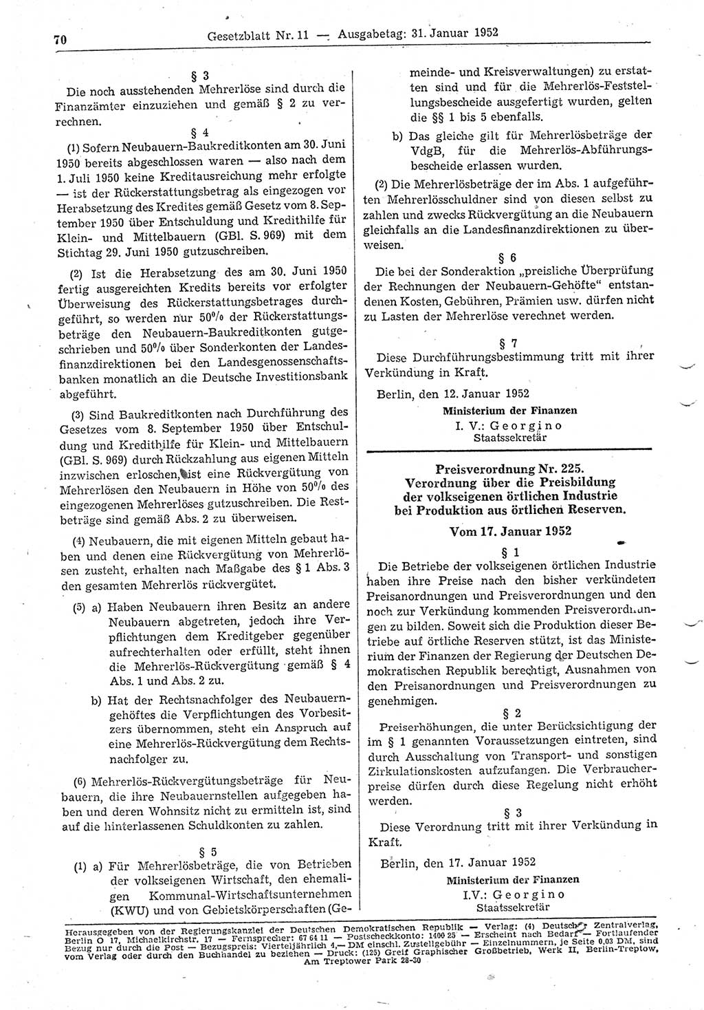 Gesetzblatt (GBl.) der Deutschen Demokratischen Republik (DDR) 1952, Seite 70 (GBl. DDR 1952, S. 70)