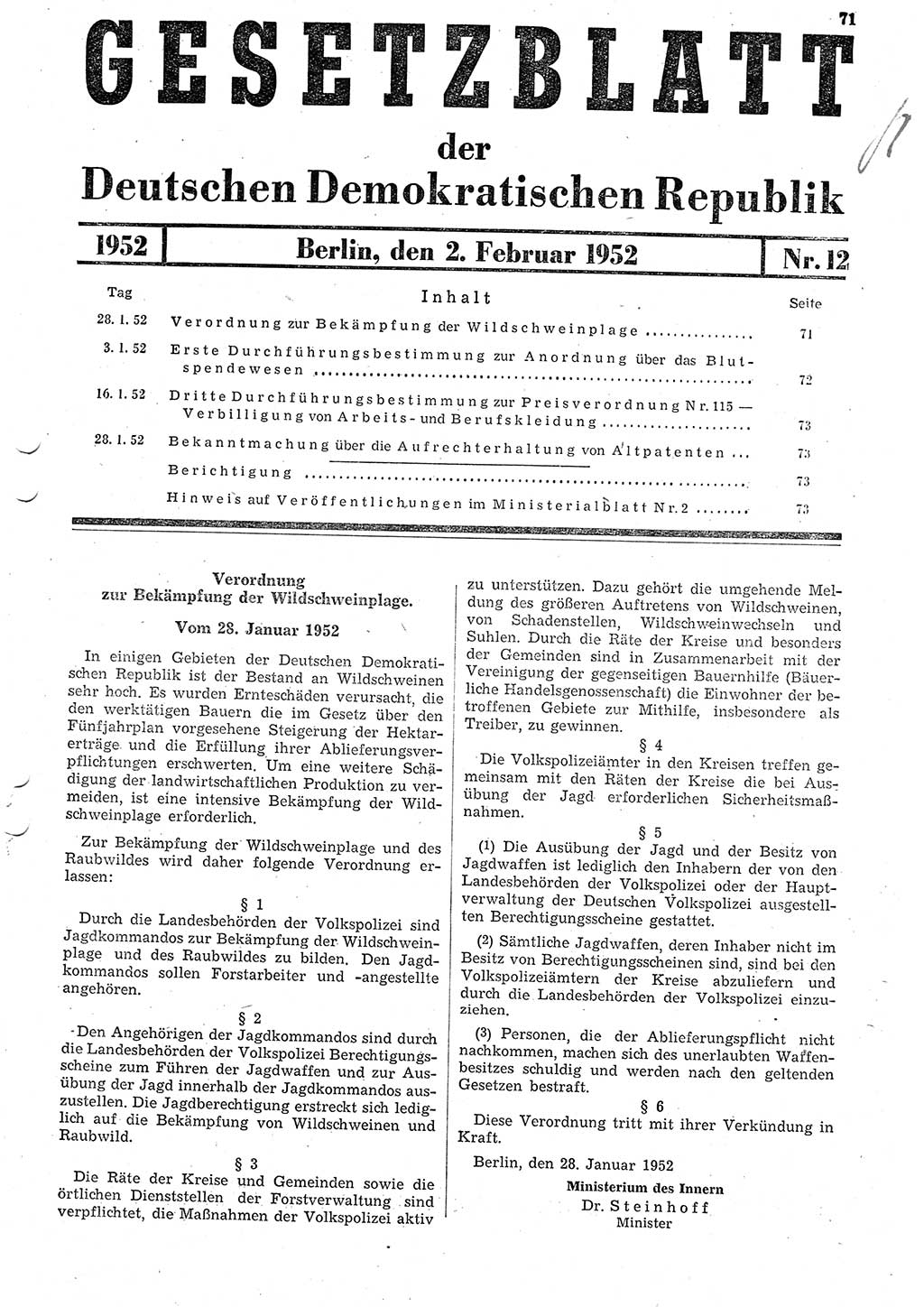Gesetzblatt (GBl.) der Deutschen Demokratischen Republik (DDR) 1952, Seite 71 (GBl. DDR 1952, S. 71)