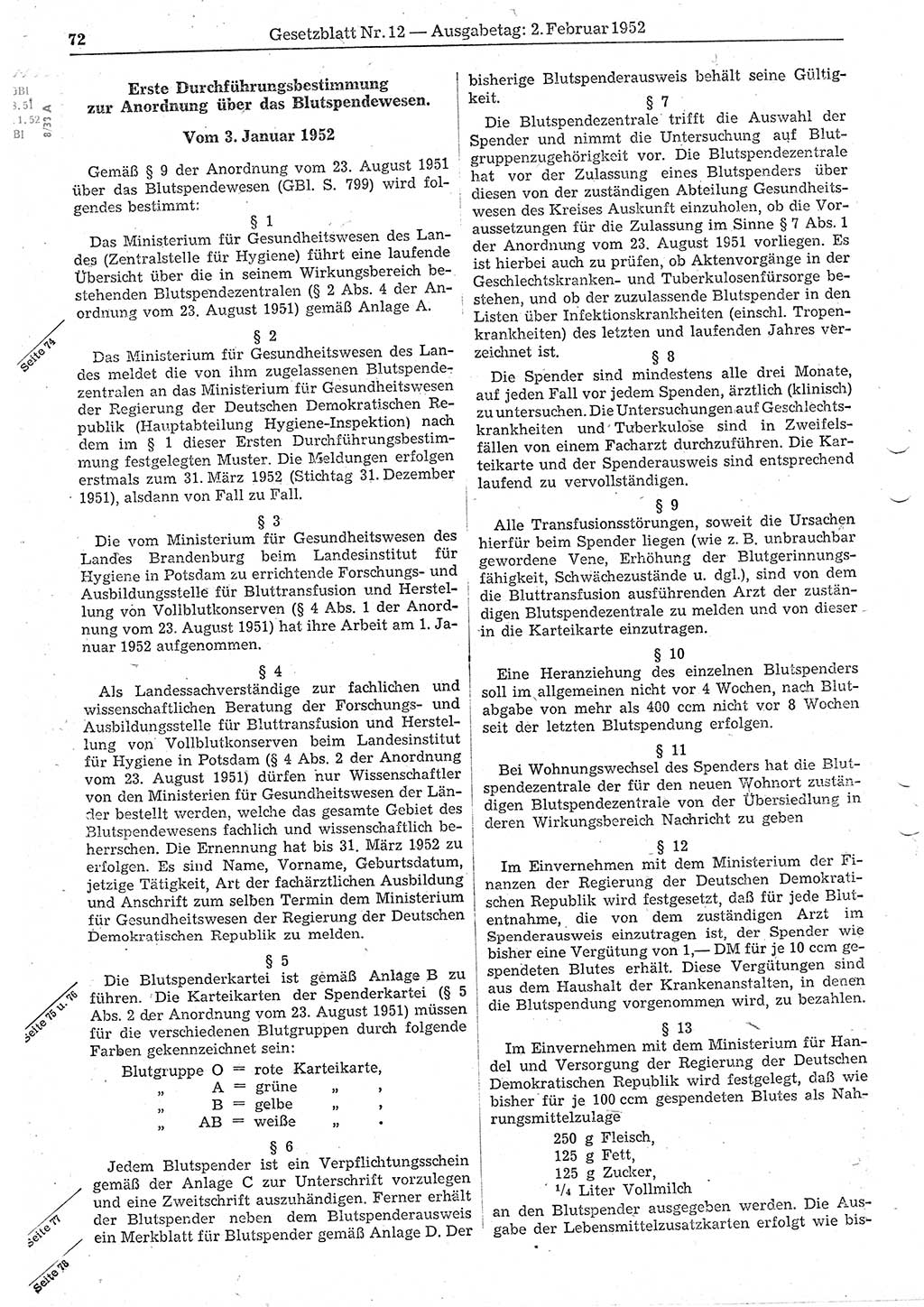 Gesetzblatt (GBl.) der Deutschen Demokratischen Republik (DDR) 1952, Seite 72 (GBl. DDR 1952, S. 72)