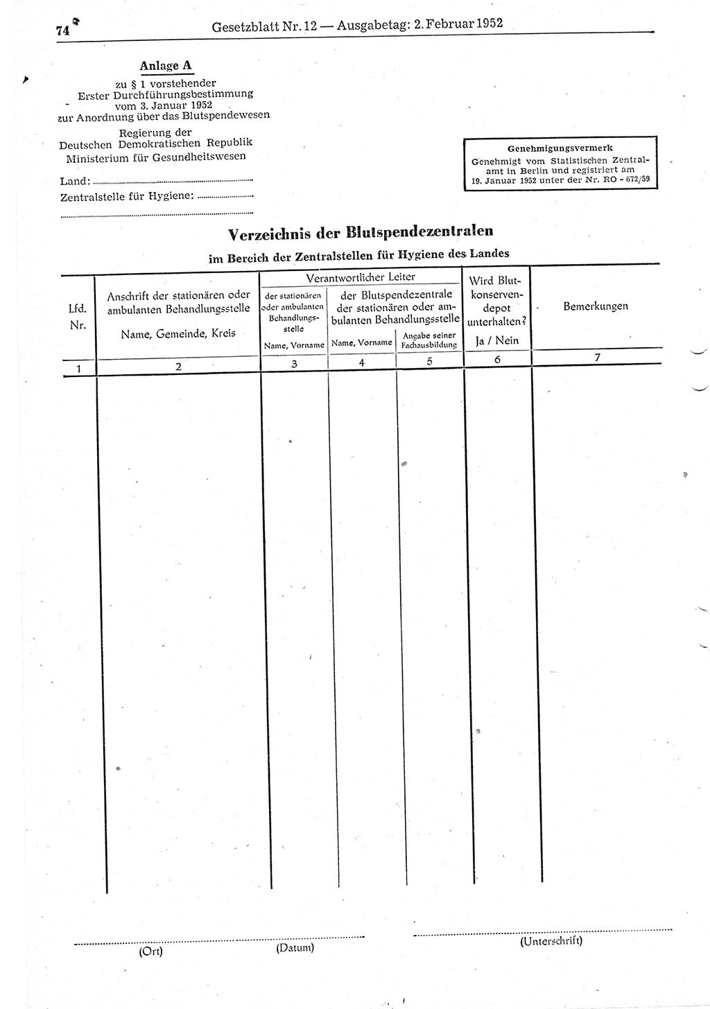 Gesetzblatt (GBl.) der Deutschen Demokratischen Republik (DDR) 1952, Seite 74 (GBl. DDR 1952, S. 74)