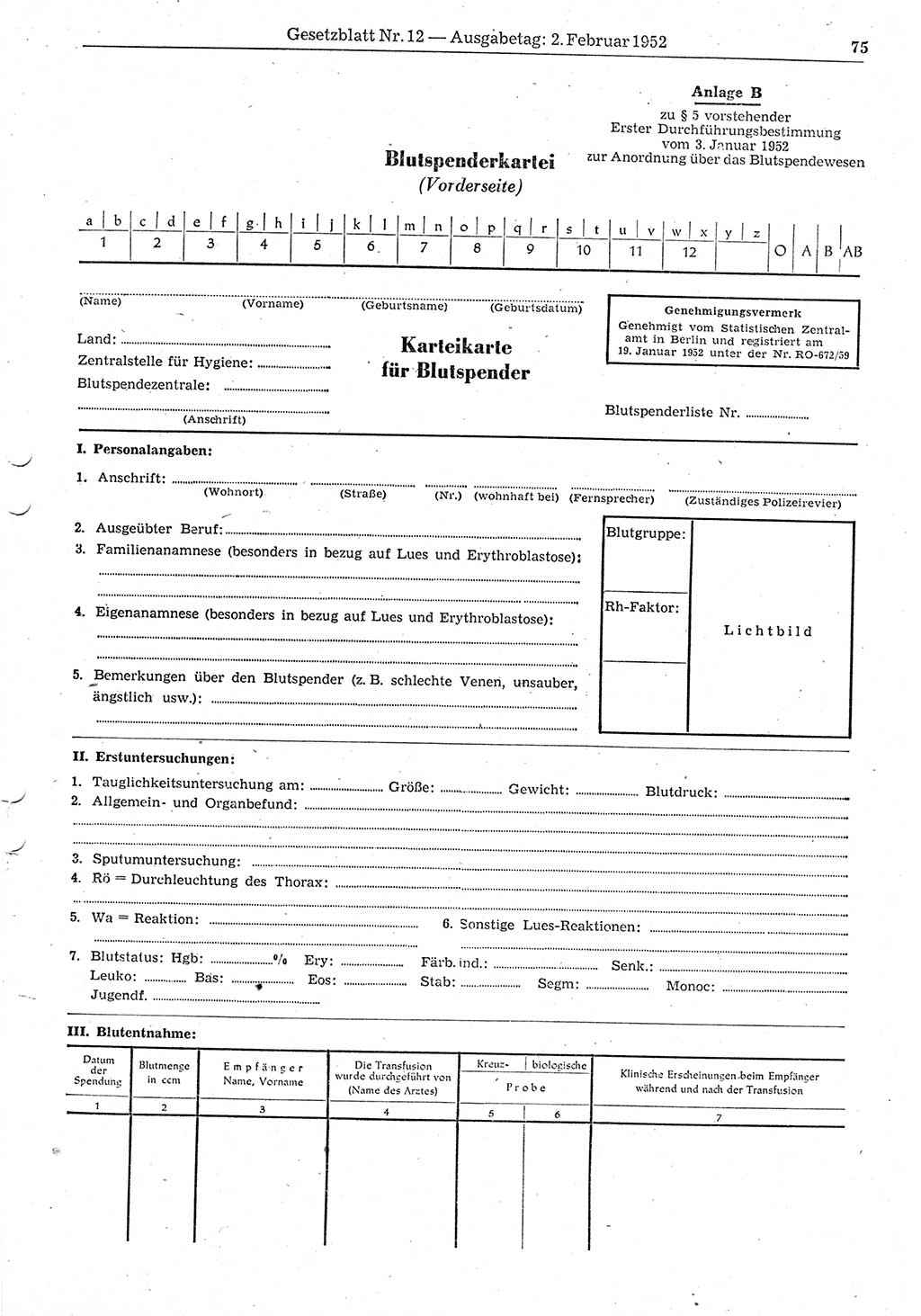 Gesetzblatt (GBl.) der Deutschen Demokratischen Republik (DDR) 1952, Seite 75 (GBl. DDR 1952, S. 75)