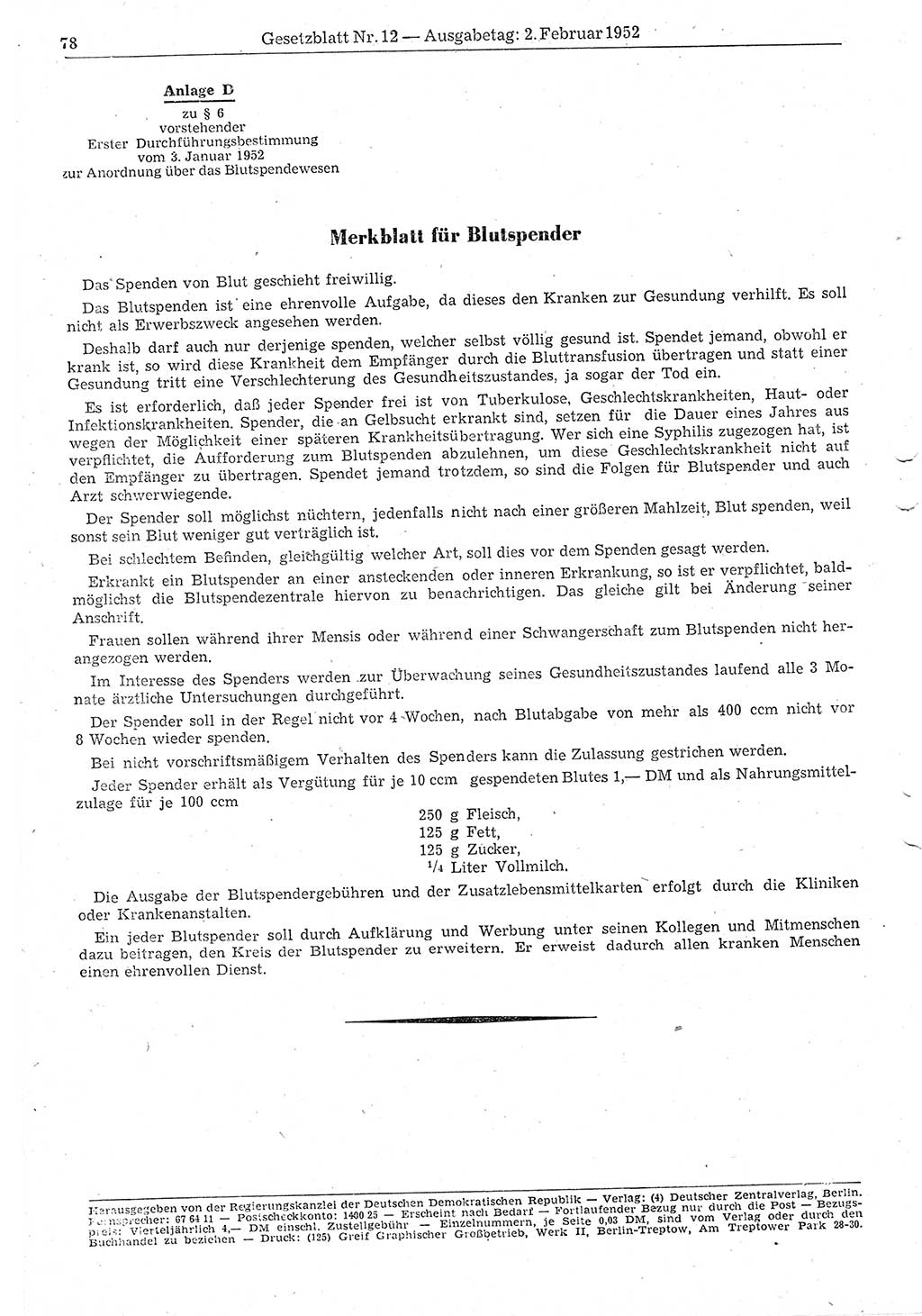 Gesetzblatt (GBl.) der Deutschen Demokratischen Republik (DDR) 1952, Seite 78 (GBl. DDR 1952, S. 78)