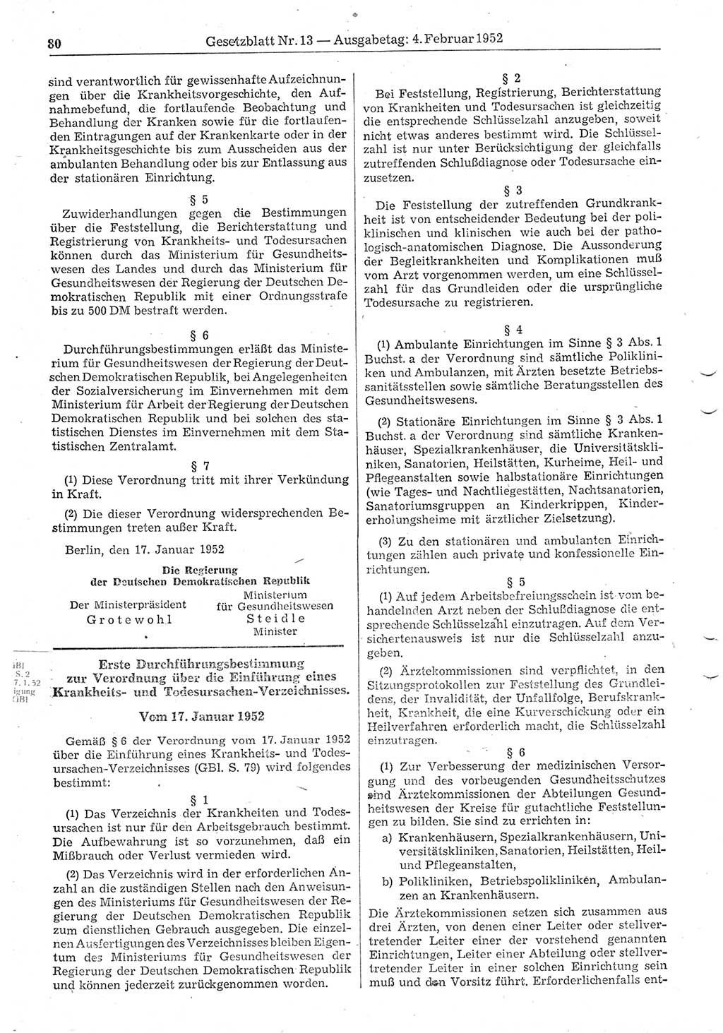Gesetzblatt (GBl.) der Deutschen Demokratischen Republik (DDR) 1952, Seite 80 (GBl. DDR 1952, S. 80)