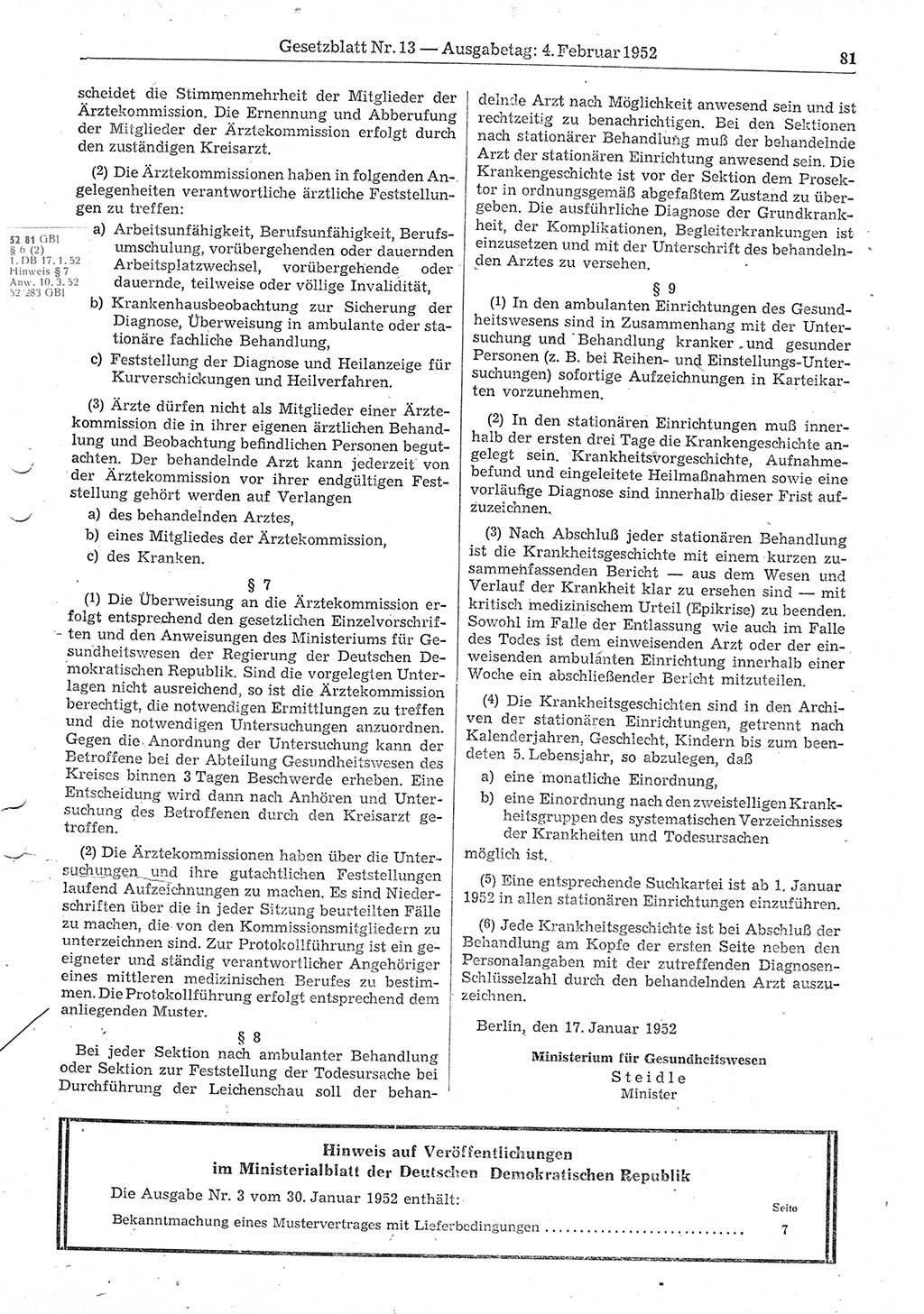 Gesetzblatt (GBl.) der Deutschen Demokratischen Republik (DDR) 1952, Seite 81 (GBl. DDR 1952, S. 81)