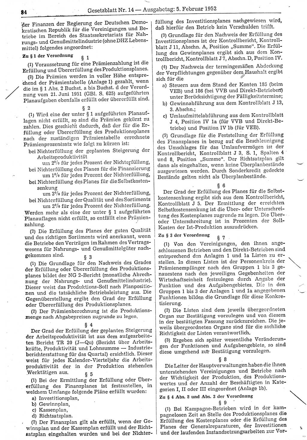 Gesetzblatt (GBl.) der Deutschen Demokratischen Republik (DDR) 1952, Seite 84 (GBl. DDR 1952, S. 84)