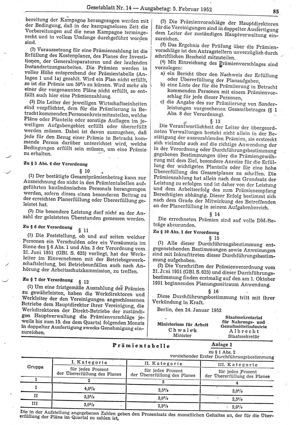 Gesetzblatt (GBl.) der Deutschen Demokratischen Republik (DDR) 1952, Seite 85 (GBl. DDR 1952, S. 85)