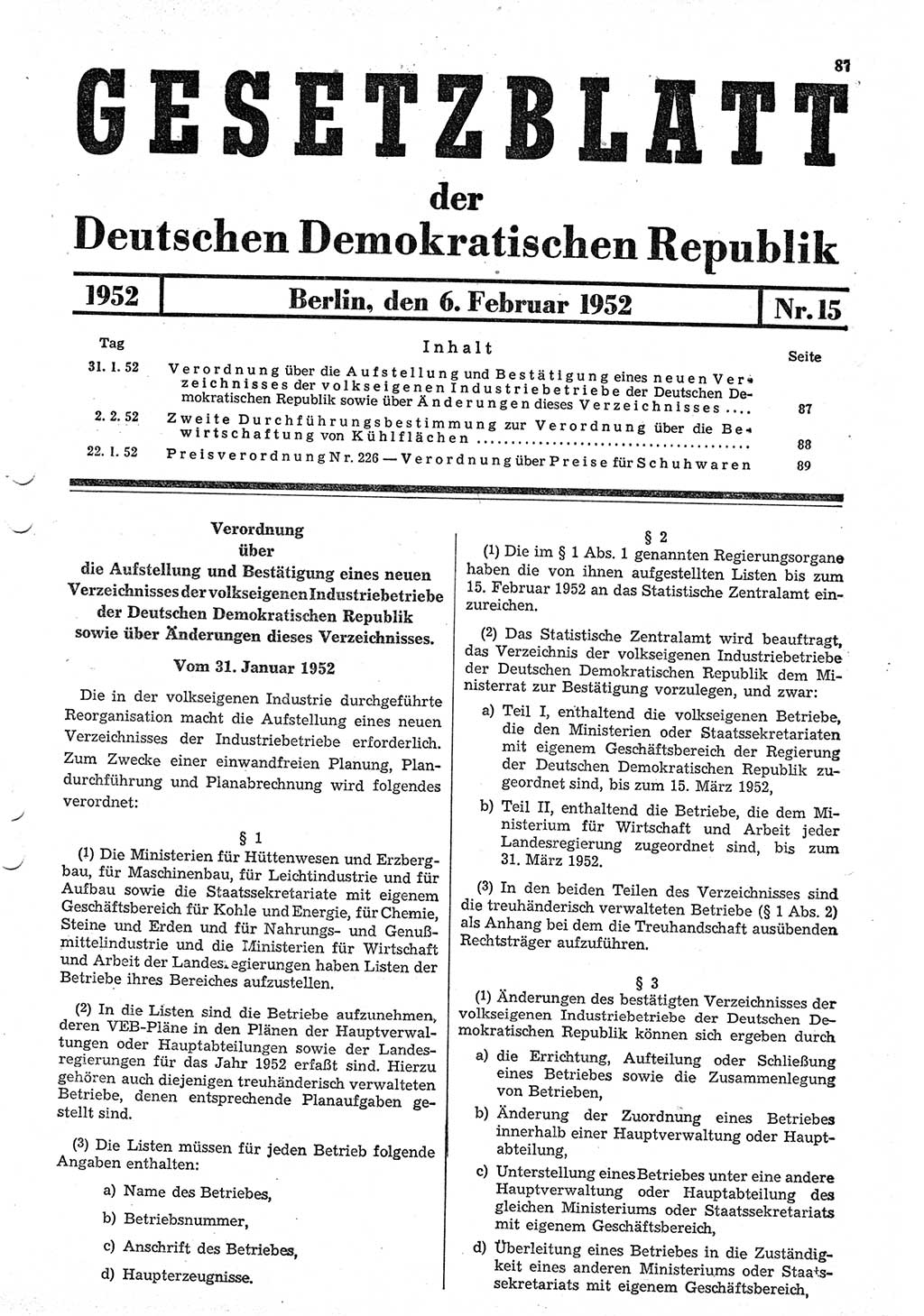 Gesetzblatt (GBl.) der Deutschen Demokratischen Republik (DDR) 1952, Seite 87 (GBl. DDR 1952, S. 87)
