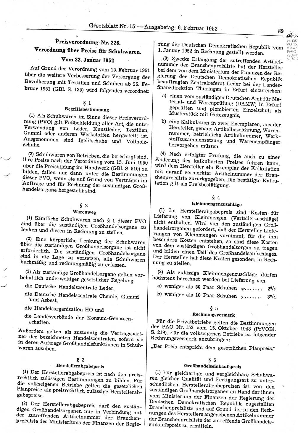 Gesetzblatt (GBl.) der Deutschen Demokratischen Republik (DDR) 1952, Seite 89 (GBl. DDR 1952, S. 89)