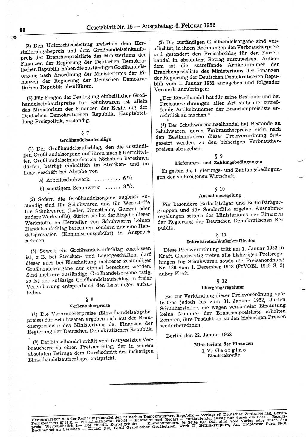 Gesetzblatt (GBl.) der Deutschen Demokratischen Republik (DDR) 1952, Seite 90 (GBl. DDR 1952, S. 90)
