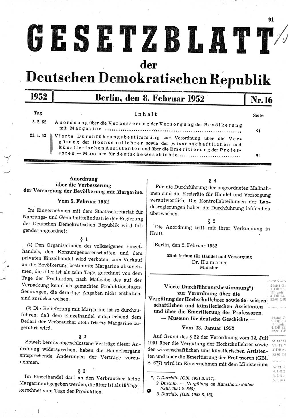 Gesetzblatt (GBl.) der Deutschen Demokratischen Republik (DDR) 1952, Seite 91 (GBl. DDR 1952, S. 91)
