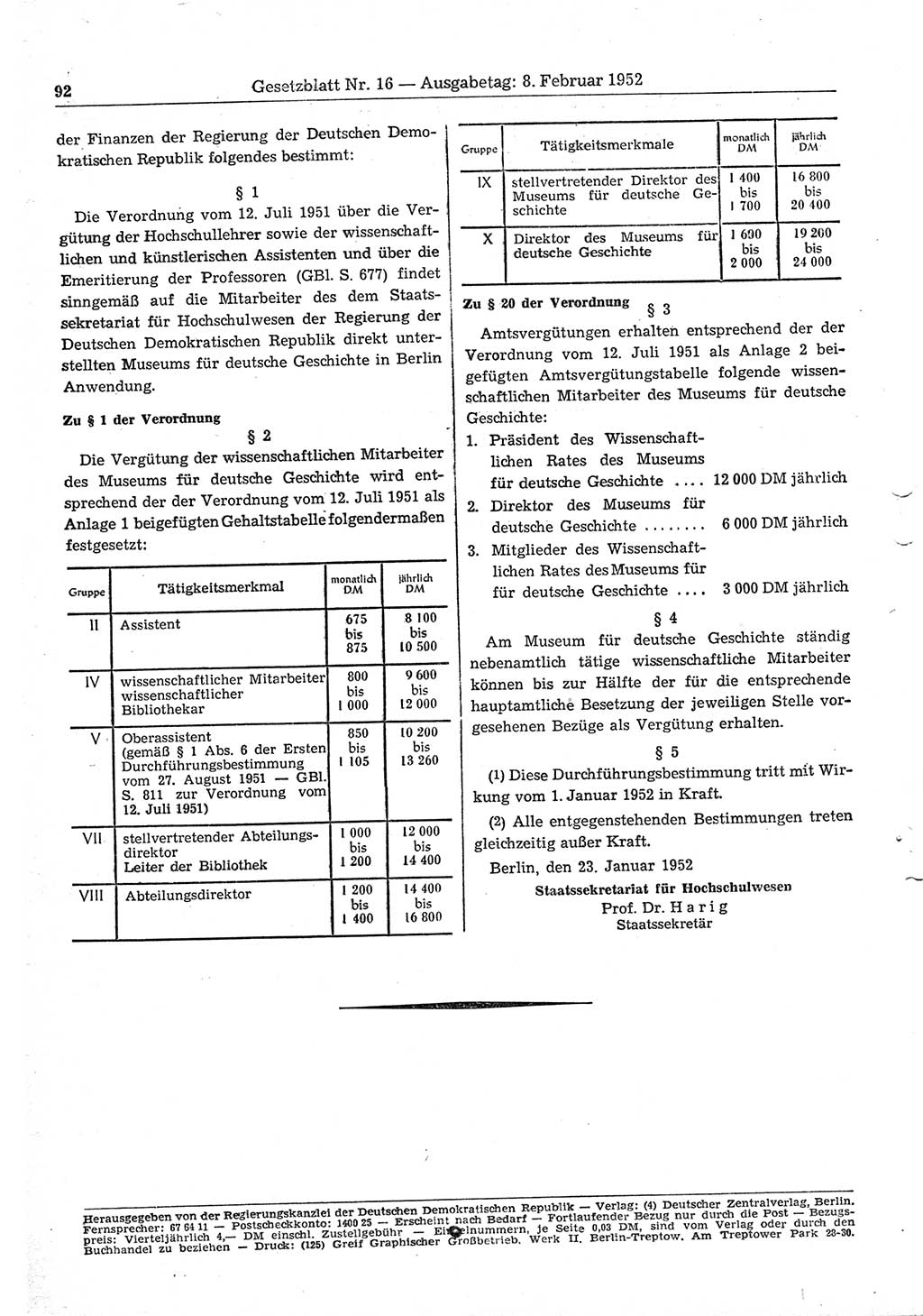 Gesetzblatt (GBl.) der Deutschen Demokratischen Republik (DDR) 1952, Seite 92 (GBl. DDR 1952, S. 92)