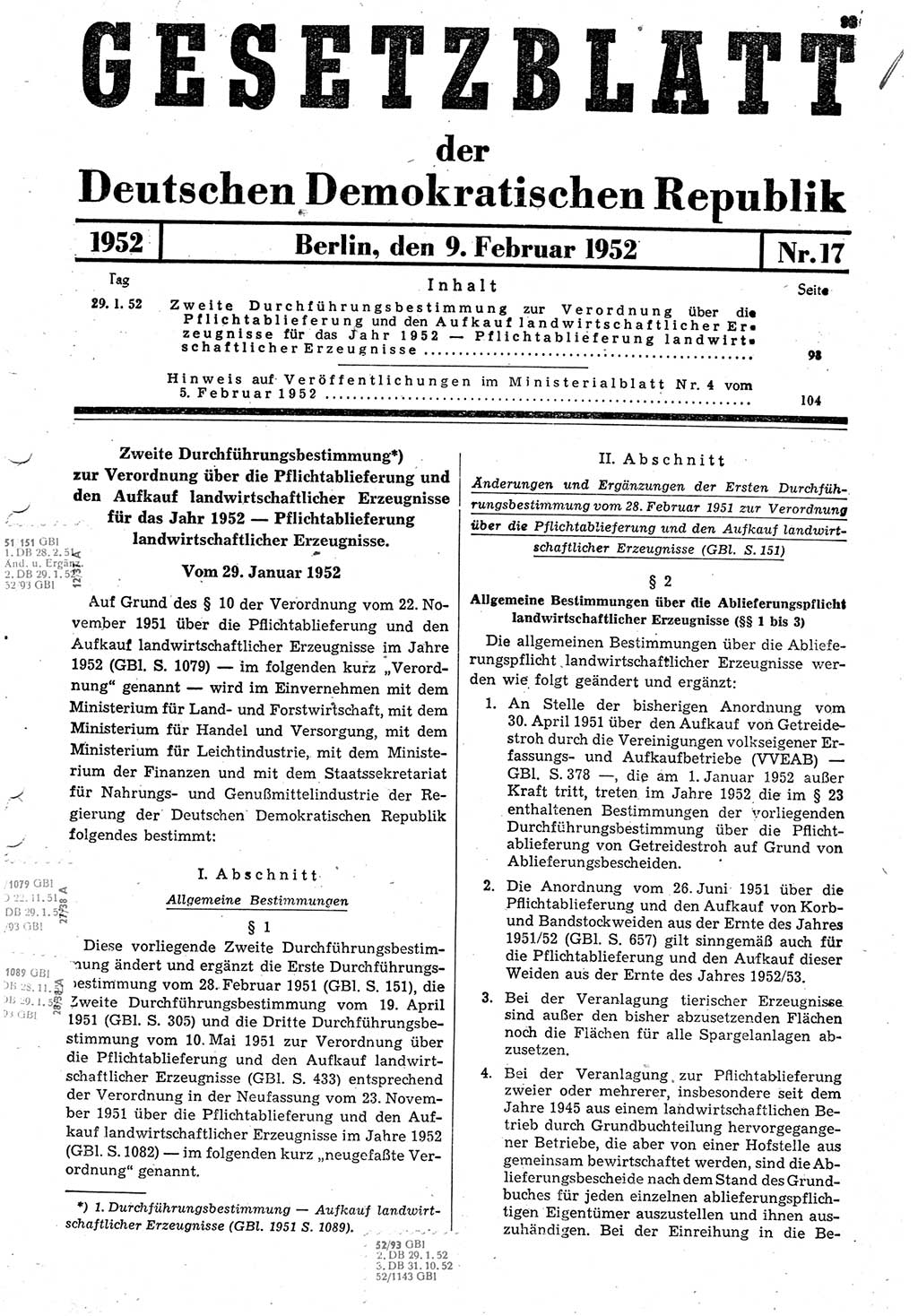 Gesetzblatt (GBl.) der Deutschen Demokratischen Republik (DDR) 1952, Seite 93 (GBl. DDR 1952, S. 93)