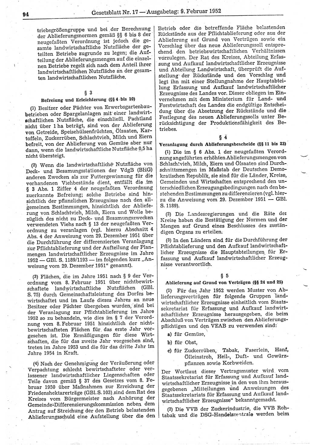 Gesetzblatt (GBl.) der Deutschen Demokratischen Republik (DDR) 1952, Seite 94 (GBl. DDR 1952, S. 94)