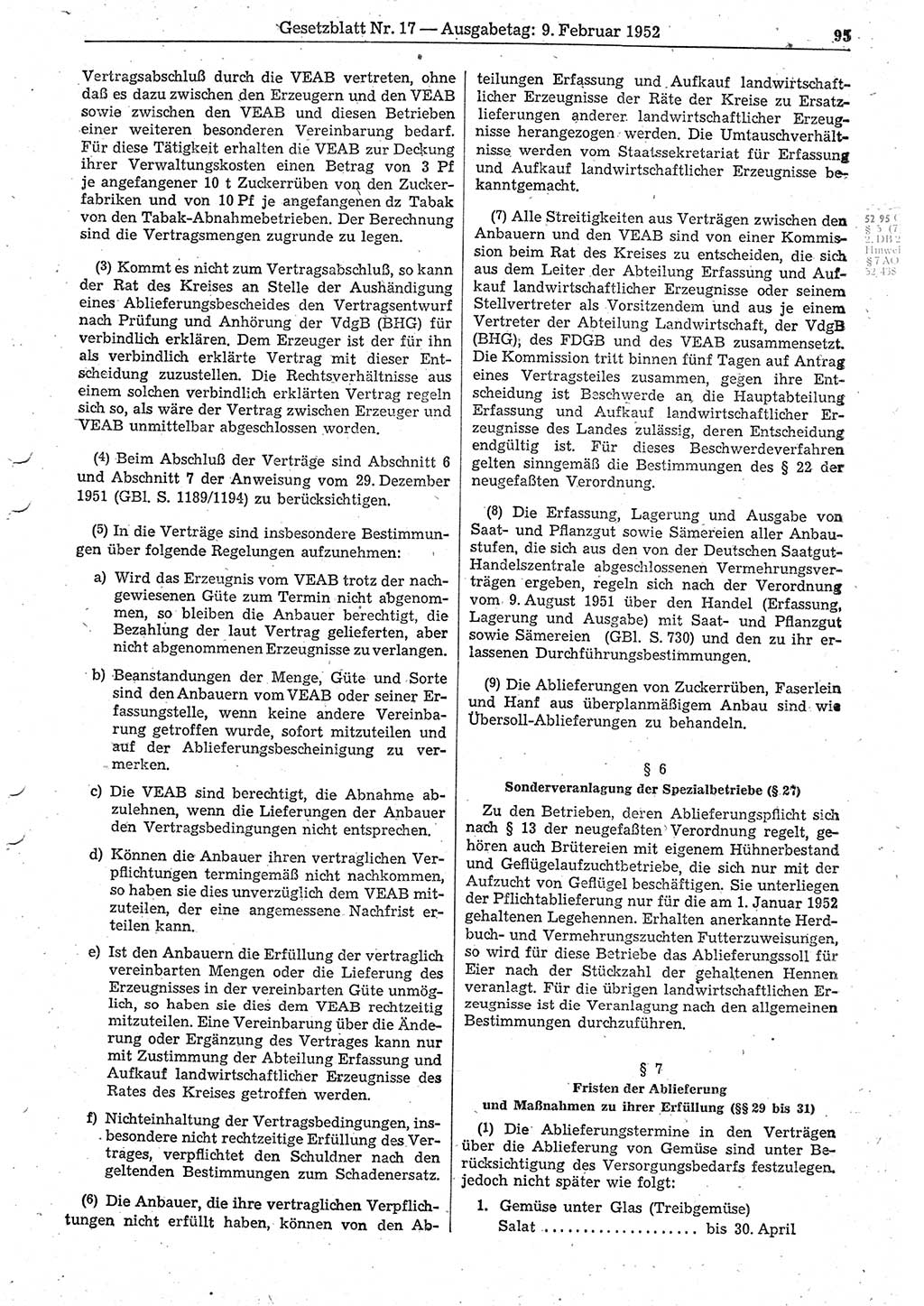 Gesetzblatt (GBl.) der Deutschen Demokratischen Republik (DDR) 1952, Seite 95 (GBl. DDR 1952, S. 95)