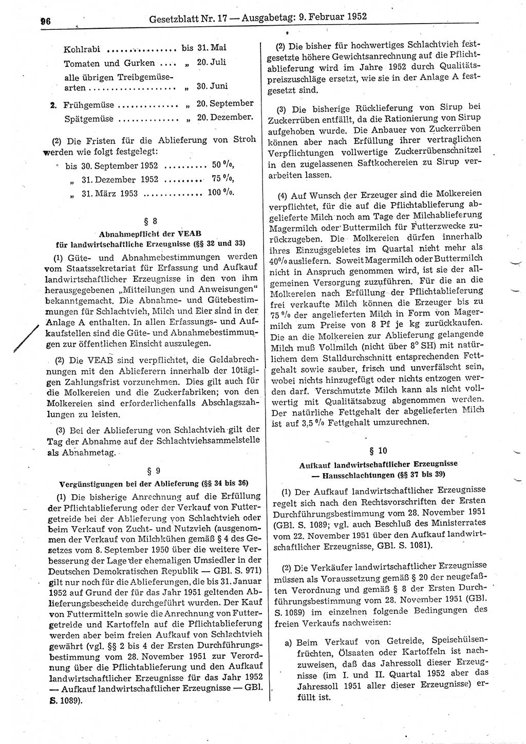 Gesetzblatt (GBl.) der Deutschen Demokratischen Republik (DDR) 1952, Seite 96 (GBl. DDR 1952, S. 96)