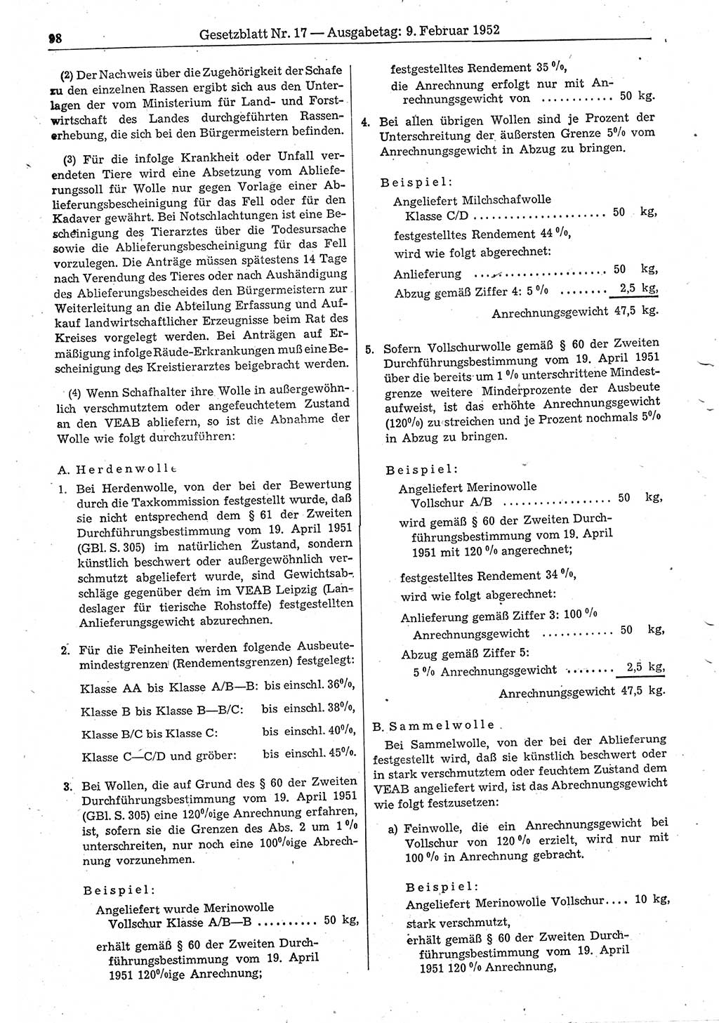 Gesetzblatt (GBl.) der Deutschen Demokratischen Republik (DDR) 1952, Seite 98 (GBl. DDR 1952, S. 98)
