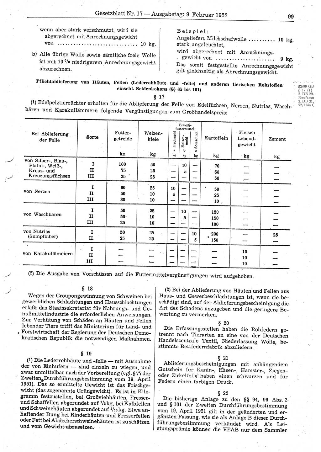 Gesetzblatt (GBl.) der Deutschen Demokratischen Republik (DDR) 1952, Seite 99 (GBl. DDR 1952, S. 99)