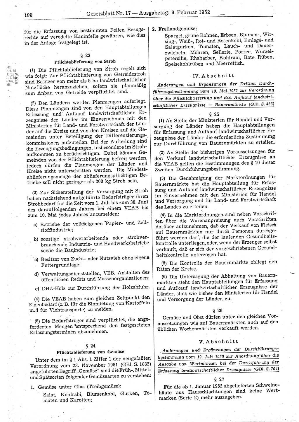 Gesetzblatt (GBl.) der Deutschen Demokratischen Republik (DDR) 1952, Seite 100 (GBl. DDR 1952, S. 100)