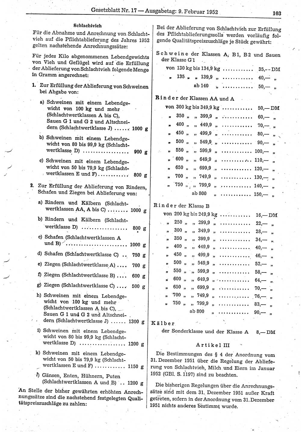 Gesetzblatt (GBl.) der Deutschen Demokratischen Republik (DDR) 1952, Seite 103 (GBl. DDR 1952, S. 103)
