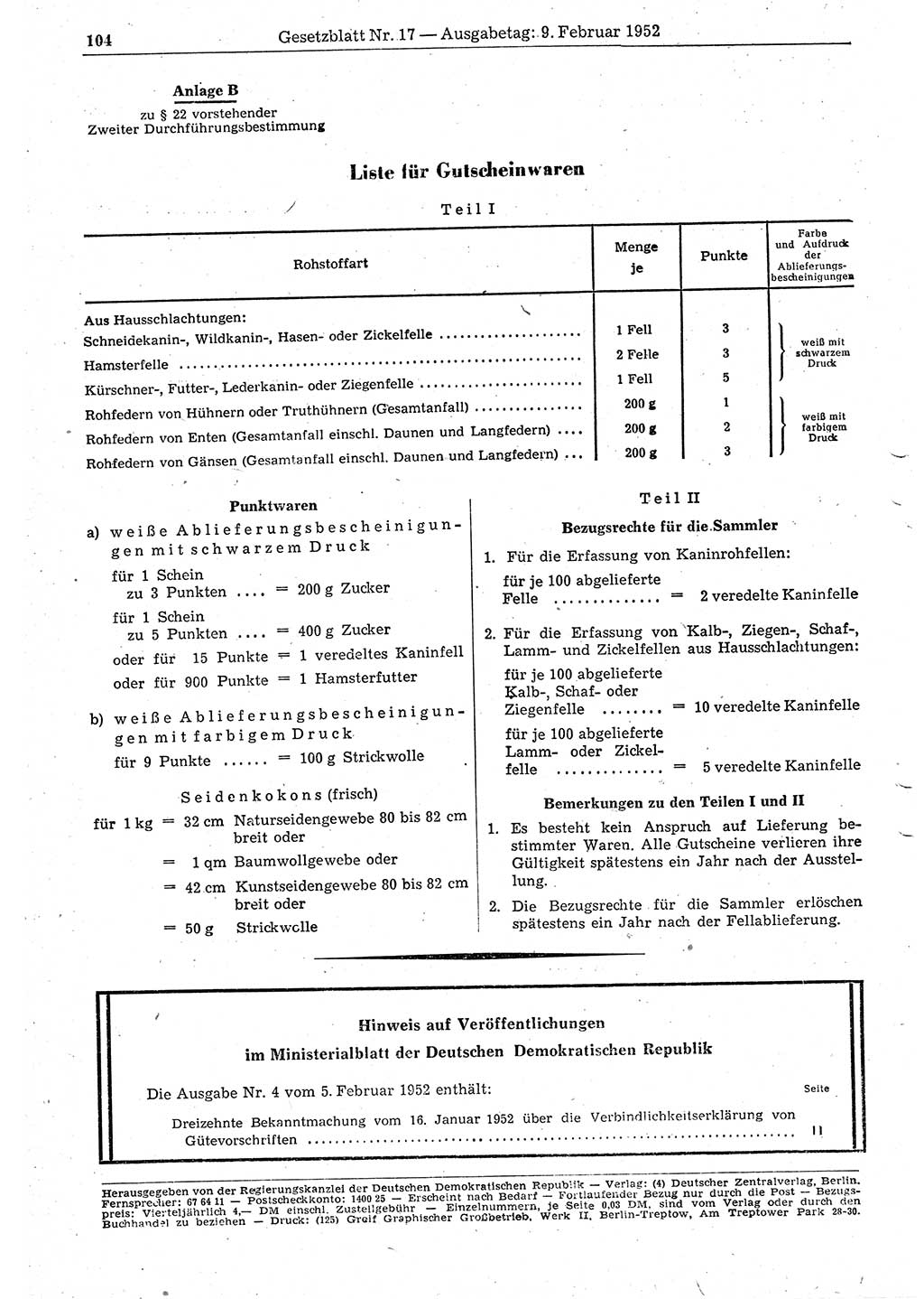 Gesetzblatt (GBl.) der Deutschen Demokratischen Republik (DDR) 1952, Seite 104 (GBl. DDR 1952, S. 104)