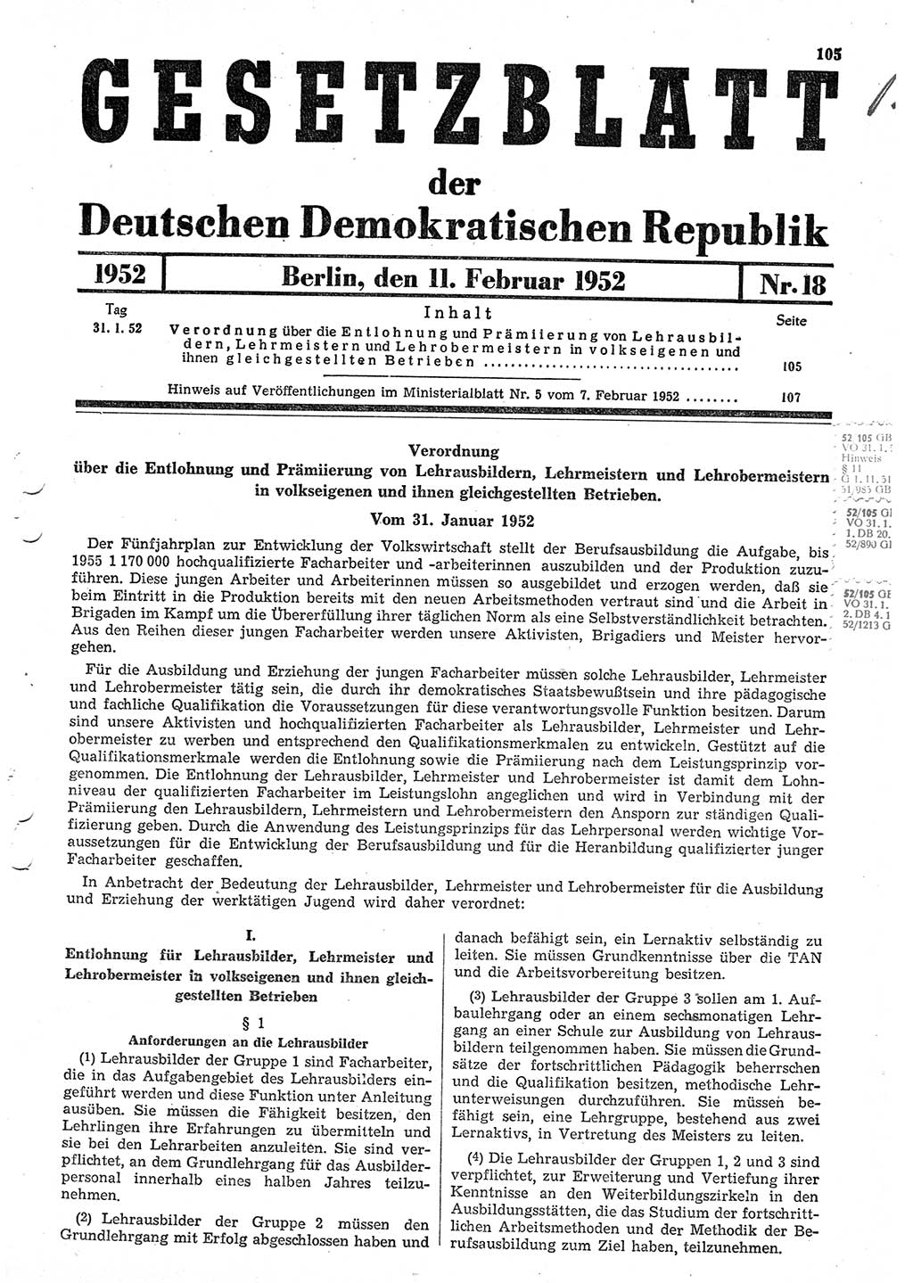 Gesetzblatt (GBl.) der Deutschen Demokratischen Republik (DDR) 1952, Seite 105 (GBl. DDR 1952, S. 105)