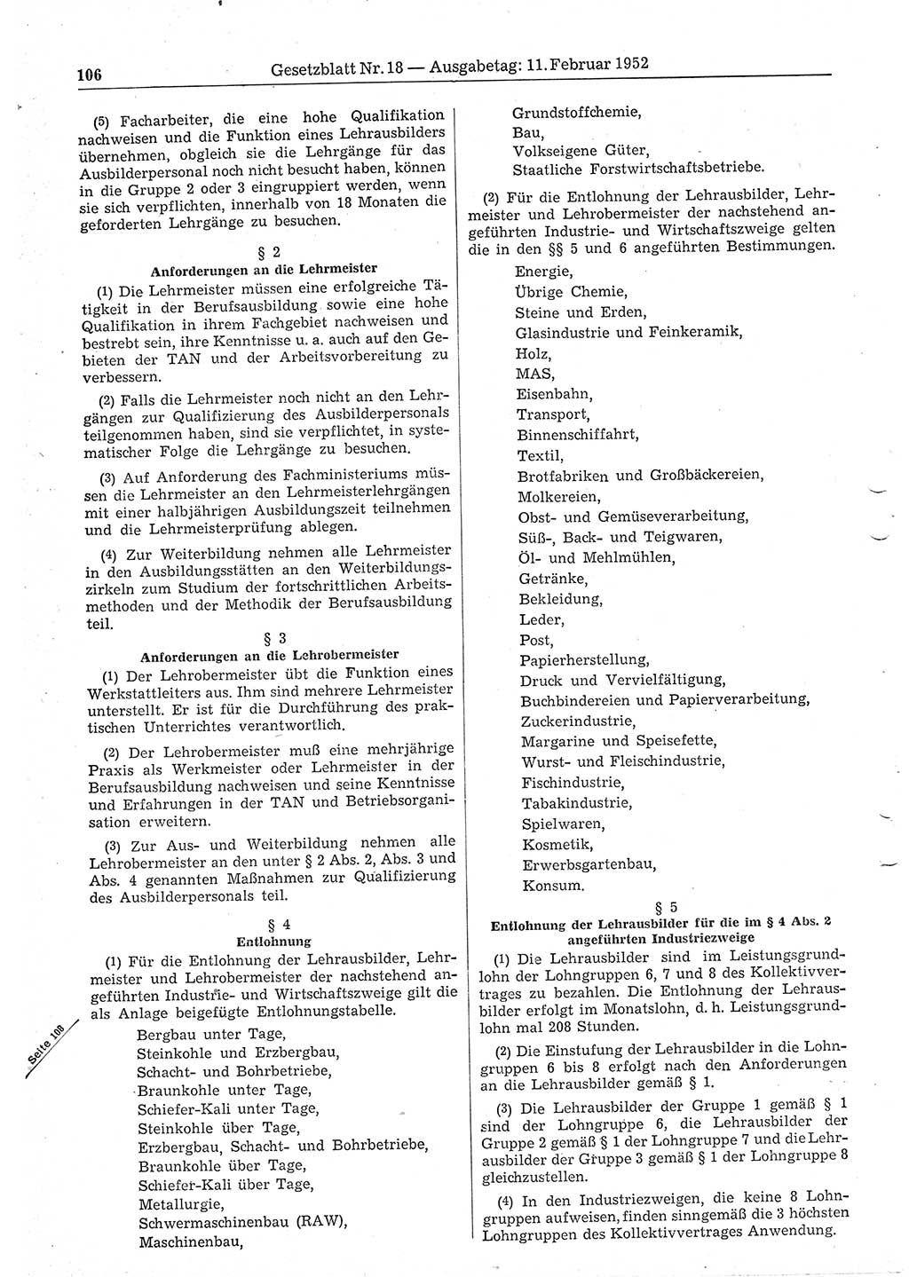 Gesetzblatt (GBl.) der Deutschen Demokratischen Republik (DDR) 1952, Seite 106 (GBl. DDR 1952, S. 106)